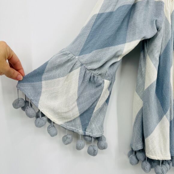 Tularosa Alexa Plaid Off the Shoulder Viscose Top in Cottage Blue, Size Small - Picture 8 of 10